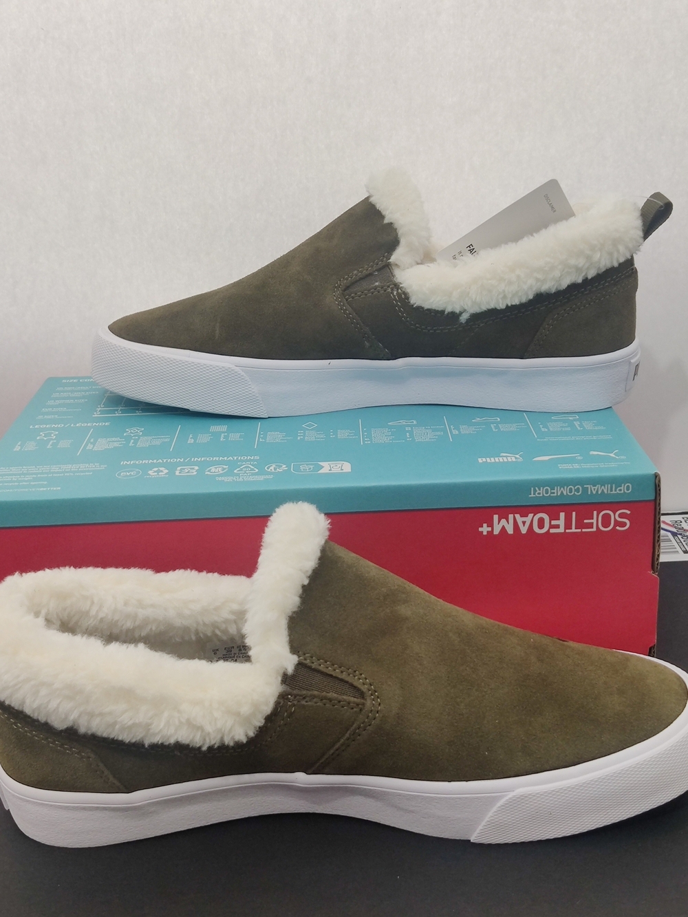Puma Olive Green Suede Slip-On Sneakers with Cream Shearling Collar - Picture 2 of 7